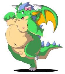 2022 absurd_res anthro balls belly big_belly brokenwing chibineco dragon genitals green_body hi_res kemono male micropenis moobs navel nipples overweight overweight_male penis small_penis solo wings