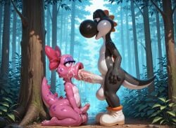 mario_bros nintendo birdo dinosaur reptile scalie yoshi hi_res 3_toes 4_fingers anthro balls belly big_balls big_nose big_penis big_pupils big_tail black_body blue_eyes bodily_fluids boots bow_ribbon breath claws clothing cum cum_in_mouth cum_inside cum_on_balls cum_on_belly cum_on_body cum_on_chest cum_on_face cum_on_penis cum_on_shoulder duo excessive_cum excessive_genital_fluids eyelashes feet fellatio femboy fingers footwear forest genital_fluids genitals half-closed_eyes hand_on_leg hand_on_thigh huge_balls huge_penis humanoid_genitalia humanoid_penis long_tail looking_at_another looking_at_partner male markings narrowed_eyes on_knees open_mouth open_smile oral outside_sex penile penis penis_in_mouth pink_body plant pupils purple_eyes purple_markings sex smile smiling_at_partner spikes spikes_(anatomy) standing tail toe_claws toes tree vein veiny_penis white_belly white_boots white_clothing white_footwear ai_generated yiff_ai_(director)