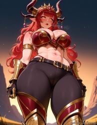 abs ai_generated alexstrasza armlet armor bangs bare_shoulders belt blush breasts cleavage demon_horns female from_below gloves horn_ornament horns kurorgy large_breasts long_hair looking_at_viewer navel pants pointy_ears red_hair red_lips solo thighs world_of_warcraft yellow_eyes