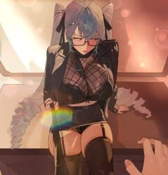 1boy 1girls 2026 2d 2d_(artwork) absurdly_long_hair absurdres aqua_hair ass black_bra black_jacket black_panties black_thighhighs bra breasts busty cleavage color colored commander_(nikke) fanart female fishnet_top fishnets full_color glasses goddess_of_victory:_nikke hair_ornament hairclip highres hintobento jacket large_breasts long_hair miniskirt necktie official_alternate_costume panties pencil_skirt privaty_(nikke) privaty_(sharp_lesson)_(nikke) see-through_cleavage see-through_clothes shift_up skirt teacher teacher_and_student thighhighs thighs twintails underwear very_long_hair video_game video_game_character yellow_eyes