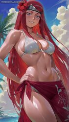ai_generated bare_shoulders beach bikini blue_eyes blue_sky breasts cleavage cloud dandanhub day female female_only flower forehead_protector grin hair_flower hair_ornament hand_on_hip hibiscus kushina_uzumaki long_hair looking_at_viewer medium_breasts naruto naruto_(series) naruto_shippuden navel ocean outdoors palm_tree red_hair sarong sky smile solo swimsuit toned tree uzumaki_kushina very_long_hair wet white_bikini