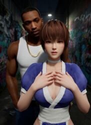 1boy1girl 1girl1boy 3d ai ai_generated alley alleyway asian_female black_male carl_johnson checking_out close close-up close_up crossover dark-skinned_male dead_or_alive eastern_and_western_character gangster ghetto gold_jewelry graffiti grand_theft_auto grand_theft_auto:_san_andreas hands_in_pockets hands_on_chest interracial jewelry kasumi_(doa) kunoichi light-skinned_female looking_at_viewer los_santos night ninja ninja_gaiden no_sex no_sex_(yet) ponytail temptation worried worried_expression worried_look wowzerspowzers