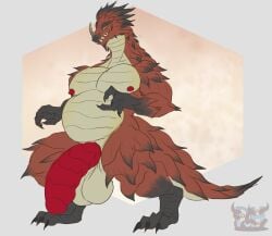 anthro areola balls barazoku belly biceps big_balls big_belly big_penis black_body black_claws black_feet black_hands black_scales capcom claws daikuhiroshiama digitigrade elder_dragon erect_nipples facial_horn fangs feet flaccid genitals hi_res horn huge_cock lao-shan_lung looking_at_viewer male monster_hunter mouth_closed multicolored_body multicolored_scales nipples no_sclera nose_horn overweight overweight_anthro overweight_male pecs penis pseudo_hair pupils red_areola red_body red_nipples red_scales ridged_penis scales scaly_tail simple_background slit_pupils solo standing tail tan_balls tan_belly tan_chest teeth thick_thighs yellow_eyes