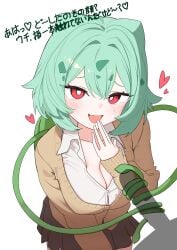 1boy :d absurdres breasts bright_pupils brown_cardigan brown_skirt cardigan cleavage collarbone collared_shirt commentary_request eyelashes female green_hair gyaru_bulbasaur hand_up heart highres kachi_5057 long_sleeves medium_hair open_mouth penis personification pleated_skirt pokemon red_eyes shirt simple_background skirt sleeves_past_wrists smile straight tentacle tentacle_on_penis translation_request white_background white_pupils white_shirt