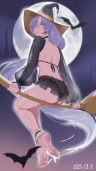 anklet barefoot bats cantarella_(wuthering_waves) collar feet female female_only foot_fetish foot_focus riding_broom skimpy_clothes soles toes witch witch_hat wuthering_waves xiyu2004yy_