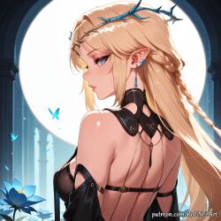 2026 ai_generated anime back bangs bare_shoulders blonde_hair blue_butterfly blue_eyes blue_flower braid braided_hair breasts bug butterfly cartethyia_(wuthering_waves) circlet cleavage crossover detached_sleeves dress earrings elf eye_contact female female_focus female_only flower from_behind full_moon highres jewelry long_hair looking_at_viewer looking_back medium_breasts moon nsfw parted_lips patreon pillar pointy_ears rognezart solo upper_body very_long_hair wuthering_waves