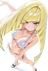 ai_generated bare_shoulders bikini blonde_hair blush botchi996 breasts cleavage female female_only flip_flops green_eyes long_hair looking_at_viewer looking_up lusamine_(pokemon) mean mean_look navel pokemon posing skinny slim slim_waist tagme viewed_from_above voluptuous