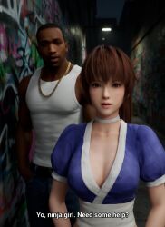 1boy1girl 1girl1boy 3d ai ai_generated alley alleyway asian_female black_male carl_johnson checking_out crossover dark-skinned_male dead_or_alive dialogue eastern_and_western_character eyes_open gangster ghetto gold_jewelry graffiti grand_theft_auto grand_theft_auto:_san_andreas hands_in_pockets interracial jewelry kasumi_(doa) kunoichi light-skinned_female los_santos night ninja ninja_gaiden no_sex no_sex_(yet) ponytail shadows shocked shocked_expression shocked_face story surprised surprised_expression temptation wowzerspowzers