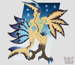 2025 anthro black_claws black_sclera blue_claws blue_penis capcom claws daikuhiroshiama erection fan_tail fangs flying_wyvern genitals hand_on_chest head_crest hi_res leg_markings legiana looking_at_viewer male markings monster_hunter multicolored_body muscular muscular_anthro muscular_male open_mouth pecs penile_spines penis pupils simple_background slit_pupils snowflake socks_(marking) solo striped_body stripes tail teeth toe_claws winged_arms wings yellow_eyes