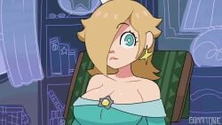 animated assisted_exposure big_breasts bouncing_breasts breasts breasts_out cleavage exposed_breasts gameplay_mechanics gif gummitonic hair_over_one_eye jiggle jiggling_breasts mario_(series) nipples princess_rosalina star_bits super_mario_galaxy wardrobe_malfunction