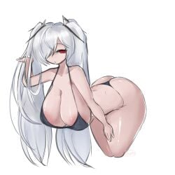 1girls big_breasts bikini blank_stare cinderella_(nikke) clothed colored cyborg deadpan dumbernova female female_cyborg female_only female_robot fingers_in_hair goddess_of_victory:_nikke hanging_breasts hi_res huge_breasts humanoid leaning_forward long_hair nikke pale_skin red_eyes robot skimpy touching_hair twintails white_background white_hair