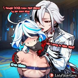ai_generated arlecchino_(genshin_impact) bdsm_gear bdsm_outfit bondage caption comic comic_page furina_(genshin_impact) genshin_impact image_set ladyfubuki slave slave_girl