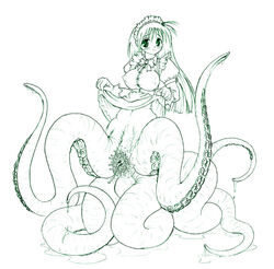 1girls artist_request erect_nipples female long_hair maid maid_uniform monochrome monster monster_girl octopus pussy scylla tentacle tentacle_girl