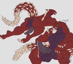 2025 anthro areola ass balls barazoku biceps big_balls big_penis black_balls black_body black_penis black_sclera blue_eyes bodily_fluids capcom claws cum cum_drip daikuhiroshiama dark_sclera dripping ears_back erection fanged_wyvern fangs flaccid genital_fluids genitals heart_symbol hi_res knot knotted_penis lying male male_only monster_hunter mouth_closed multiple_poses muscular muscular_anthro muscular_male nipples no_pupils odogaron on_front open_mouth penis pivoted_ears pose presenting presenting_hindquarters raised_tail red_body sitting solo spiked_knuckles spiked_tail spikes spikes_(anatomy) tail teeth thick_thighs toe_claws triceps