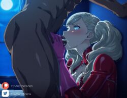 1boy 1girl against_wall ai_generated backlighting bedroom blonde_hair blue_eyes cleavage dark dark-skinned_male fellatio female from_side hairclip irrumatio large_breasts long_hair medium_breasts moonlight muscular_male night on_bed patreon patreon_username persona pink_gloves red_bodysuit swept_bangs takamaki_anne twintails