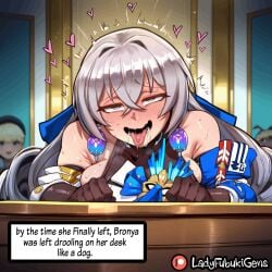 1girls aheagao ai_generated bronya_zaychik caption comic comic_page honkai:_star_rail image_set ladyfubuki orgasm orgasm_face under_the_table