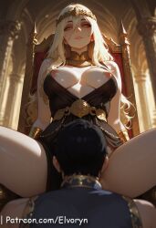 1boy 1girls ai_generated ass big_ass big_breasts blonde_female blonde_hair blush bracelet breasts closed_mouth elden_ring elvoryn exposed_breasts female female_on_cloth fromsoftware golden_eyes huge_ass jewelry large_breasts laying light-skinned_female light_skin long_hair looking_at_viewer male medium_breasts necklace patreon patreon_username pelvic_curtain posing pussy queen_marika_the_eternal shiny_skin solo_female solo_focus thick_ass thick_thighs wide_hips