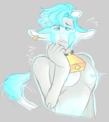 1010 1boy blush collar cow_ears cow_horns cow_tail cowbell cowbell_collar crying ear_tag embarrassed heart-shaped_pupils hucow male male_only naked nervous nipples no_straight_roads purlhew_(no_straight_roads) robot robot_boy shy sweat tail tears