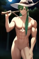 ai_generated featureless_chest featureless_crotch green_eyes green_hair long_hair male nai_diffusion naked no_genitals no_nipples no_penis novelai nude null witch witch_hat yodayo