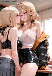 2girls after_kiss ahoge ai_generated anis bangs bare_shoulders black_jacket black_shorts black_skirt blonde_hair blonde_hair_short_and_messy blue_eyes blush breasts casual_military_crop_top_and_shorts_with_jacket cleavage covered_nipples crop_top eye_contact female female_only fingering glasses goddess_of_victory_nikke incest indoors jacket large_breasts long_hair looking_at_another low_twintails multiple_girls nipples off_shoulder open_clothes parted_lips pleated_skirt pussy saliva saliva_trail see-through shorts skirt sweat tank_top tongue tongue_out twintails wet wet_clothes yuri