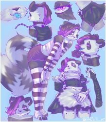 anthro ass bent_over black_and_white_fur black_gloves black_hoodie chains character_sheet claws collar cropped_top femboy furry large_tail leash looking_back maid_apron maid_dress matiih_mt matiih_nsfw multiple_views original_character outfit_variation panda pawpads petplay purple_eyes purple_hair red_panda_tail reference_sheet ringed_tail shorts striped_sleeves striped_tail striped_thighhighs sweat thick_thighs thighhighs toy_tag white_fur