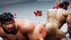 2boys 3d_(artwork) afromuso ass ass_focus bara big_ass big_butt blender_(software) blender_eevee_next clone facial_hair fortnite fortnite:_battle_royale gay impact_lines male male_only muscular muscular_male nude nude_male on_knees pressed_together ryu_(street_fighter) self_upload selfcest street_fighter sweat sweaty_body watermark yaoi