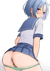 absurdres anal anal_hair anal_object_insertion ass blue_eyes blue_hair blue_sailor_collar blue_skirt candy censored clothes_lift cowboy_shot female female_pubic_hair food food_in_mouth food_insertion forehead from_behind green_panties highres keisuke309 lollipop lollipop_in_mouth looking_at_viewer looking_back mosaic_censoring object_insertion original panties panty_pull parted_lips pleated_skirt presenting presenting_ass pubic_hair pussy sailor_collar school_uniform serafuku shirt short_hair short_sleeves simple_background skirt skirt_lift solo standing summer_uniform turning_head underwear white_background white_shirt