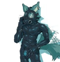 a_guy_somewhere anthro beastars canid canine canis chastity_bulge chastity_device collar cuff_(restraint) drone dronesuit english_text gas_mask heart_symbol hi_res legoshi_(beastars) lock_bulge male mammal mask notched_ear null_bulge restraints solo standing tail tail_motion tailwag text touching_bulge wolf