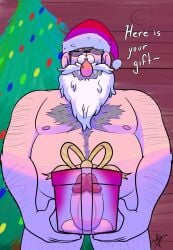 articraz_(artist) balls box christmas christmas_hat christmas_present christmas_tree color disney fake_beard gift_box gift_ribbon glasses gravity_falls grey_hair grunkle_stan hairy hairy_arms hairy_chest hiding_penis looking_at_viewer male male_only nervous older_male penis_in_box present_box santa_hat stanley_pines text