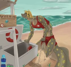 2026 anthro anthro_peeing apode aquatic beach biped blonde_hair blush bodily_fluids breasts clear_urine digital_media_(artwork) draconcopode eel female female_anthro female_peeing fin fish genital_fluids genitals grey_body hair hi_res hunched_over legless life_preserver lifeguard lifeguard_swimsuit lifeguard_tower markings moray_eel non-mammal_breasts omorashi outside peeing serpentine shaking solo spots spotted_body tan_body tears trembling urine urine_stream valrionwrites vulva watersports wetting yellow_body