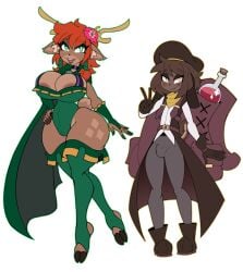 2026 absurd_res anthro antlers areola areola_slip astera_(vonjungle) bulge canid canine canis deer detailed_bulge domestic_dog duo female gesture hand_gesture hi_res horn male mammal potion_bottle thompson-vonjung v_sign wally_(vonjungle) yellow_antlers
