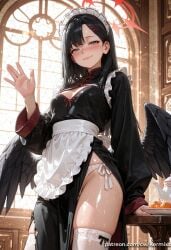 ai_generated apron bangs black_dress black_hair black_wings blue_archive blush breasts cleavage cleavage_cutout closed_mouth clothing_cutout dress feathered_wings female female_only food frills fruit grey_eyes hair_ornament hairclip half-closed_eyes halo ichika_(blue_archive) indoors kermixx long_hair long_sleeves looking_at_viewer low_wings maid maid_headdress medium_breasts nakamasa_ichika panties pelvic_curtain seductive_smile shiny shiny_skin side-tie_panties skindentation smile solo standing sweat table teapot thighhighs underwear waist_apron white_apron white_panties white_thighhighs wide_sleeves window wings