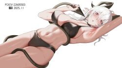 armpits arms_up bikini blush bra choker devil_tail female female_only pale_skin red_eyes sweaty tail underwear white_hair wuthering_waves xiyu2004yy_ zani_(wuthering_waves)