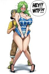 1boy 1girls ai_generated big_breasts blackroga dress dress_lift female grabbing_from_behind green_hair high_heels light-skinned_female light-skinned_male male milf monet_(one_piece) no_panties one_piece prank shocked shorter_male taller_female text_bubble thick_thighs usopp voluptuous yelling