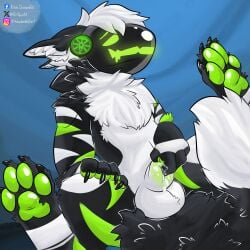 2_knots 2_penises anthro anus ass balls bing_(toaster_bing) bodily_fluids diphallism dripping genital_fluids genitals green_penis hi_res kit_yaco knot knotted_penis machine male multi_erection multi_genitalia multi_penis pawpads paws penis precum precum_drip presenting presenting_anus presenting_balls presenting_hindquarters protogen solo vertical_diphallism
