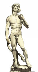 1boy anthro balls bell feline fine_art_parody flaccid fur furry male male_only muscles navel nipple_piercing nipple_ring nipples nude parody penis piercing public_domain sculpture sheath solo statue statue_of_david tail_bell tribute truegrave9