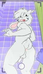 absurd_res ambiguous_gender ambiguous_species anthro anus ass balls bovid camera_hud caprine duo embarrassed fur genitals goat hi_res horn looking_back male mammal mostly_offscreen_character nude pancakes_(biofreak) penis rear_view shower_curtain shower_head solo_focus surprised undertale_(series) white_body white_fur zoichi zoichi20