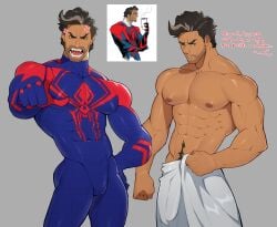 angry_expression bara bulge_through_towel covering covering_privates dilf gay happy_trail human human_male human_only male_only marvel miguel_o'hara muto20002 pointing_at_viewer reference reference_image solo solo_focus solo_male spider-man:_across_the_spider-verse spider-man_(series)