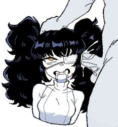 1boy 1girls anon anonymous_male black_hair clenched_teeth cum cum_in_ear cum_in_head cumming cumming_while_penetrating drooling ear_fetish ear_fuck ear_penetration earfuck eye_patch eyepatch female head_grab looking_up male monmaamn orange_eyes original original_character seraphim_(monam) skull_fucking white_background white_clothing white_skin