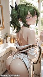 1female 1girls ai ai_generated ass back back_view bangs bathroom chocker female_only frieren_beyond_journey's_end green_hair hair_between_eyes lavnight looking_at_viewer medium_ass purple_eyes robe side_ponytail skirt small_breasts smirk solo sousou_no_frieren ubel_(sousou_no_frieren)