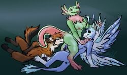 4_wings amphibian antennae_(anatomy) anthro aquatic arthropod axolotl axolotl_tail blue_body blush bodily_fluids breasts brown_body butt_sniffing canid canine canis chest_tuft domestic_dog female female/female finger_fuck fingering fingering_self fur genital_fluids genitals grabbing_wings green_body group group_sex gulonine hand_on_shoulder hi_res hybrid insects jameson jellybean_(glennand) knot knotted_penis lepidopteran male male/female male/male mammal marten masturbation mole_salamander moth multi_wing multicolored_body multicolored_fur mustelid musteline patch_(marking) penis pine_marten precum salamander sex sniffing spice spicymustelid spots straddling straddling_penis tail tail_tuft threesome tongue tongue_out trio tuft vaginal_penetration wings