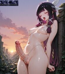 1futa 1girl absurd_res absurdres ai_generated breasts columbina_(genshin_impact) covered_nipples erection futa_only futanari genshin_impact head_wings light-skinned_futa multicolored_hair niraniri nude pearl_thong pearls penis pierced_penis piercing purple_hair pussy pussy_juice saliva saliva_trail sidelocks solo sunset sweat tongue tongue_out urethral_insertion