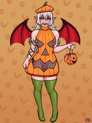 1boy balls_bigger_than_penis bat_wings boots clothed condom cum femboy filled_condom halloween halloween_costume halloween_theme jack-o'-lantern long_hair looking_at_viewer pale_skin penis pumpkin pumpkin_costume raiounsfw red_eyes small_penis smile smiling solo thigh_boots useless_clothing vampire vampire_teeth white_hair