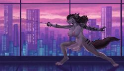anthro areola balls breasts building canid canine canis casual_erection casual_nudity city cityscape clothing digital_media_(artwork) epee_(sword) erection feet fencing fingers fjollettigeren foreskin fur genitals gloves gynomorph hair handwear hi_res holding_melee_weapon holding_object holding_sword holding_weapon humanoid_genitalia humanoid_penis intersex mammal melee_weapon nipples nonbinary_(lore) nude partially_retracted_foreskin penis prosthetic prosthetic_arm prosthetic_limb riley_black_(kaiblackfang) sky smile solo spread_legs spreading standing sword tail toes weapon window wolf
