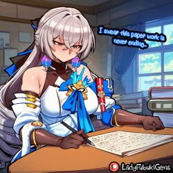 1girls ai_generated bronya_zaychik caption comic comic_page honkai:_star_rail image_set ladyfubuki under_the_table