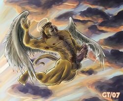 1boy 2007 angel anthro balls cum feline flying fur furry gtskunkrat halo lion male male_only masturbation muscles nude penis solo wings