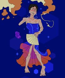 1boy amputated_arm amputee arm_amputee barefoot barefoot_male blue_background brown_hair cigarette cigarette_smoke covering covering_crotch crossdressing crossdressing_(mtf) crossdressing_male digital_drawing_(artwork) digital_media_(artwork) disabled_male disgusted disgusted_expression disgusted_look dress ducky_the_dullard folding_fan formal formal_dress formal_wear green_eyes hand_fan male male_focus male_only masculine_crossdresser mr_shrink original original_character pearl_bracelet pearl_earrings pearl_necklace reluctant_crossdressing right_arm_amputee short_hair slit_(disambiguation) slit_dress smoke snarling solo solo_male toes toes_spread uncomfortable uncomfortable_pose wind wind_lift