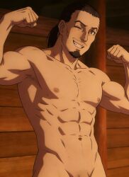 abs ai_generated anime_style ari_(vinland_saga) armpits athletic_male beard black_hair dark_hair doofusschlormpai fit_male flexing flexing_arms goatee icelandic indoors light-skinned_male light_skin male_focus male_only mustache naughty_face nipples pecs sexy sexy_pose smile solo_focus solo_male stable_diffusion toned_body toned_male upper_body viking vinland_saga wink winking_at_viewer