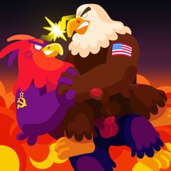 1:1 3_toes 4_fingers absurd_res accipitrid accipitriform american_flag anal anal_sex anthro arm_tattoo arm_tuft avian bald_eagle balls beak bird brown_body brown_feathers cel_shading circumcised clenched_teeth communism cross-popping_vein duo eagle elbow_tuft erection explosion feathers feet fingers flag from_behind_position genitals gradient_background hammer_and_sickle hi_res kurzgesagt lineless male male/male penetration penis politics pubes purple_body purple_feathers quasarbearcat red_body red_feathers russian sea_eagle sex shaded shoulder_tattoo simple_background smile soviet_union star_symbol tattoo teeth toes tuft united_states_of_america white_body white_eyes white_feathers wrestling