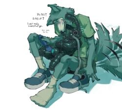 a_guy_somewhere anthro beastars blush bottomwear canid canine canis chastity_bulge chastity_device clothed clothed_male clothing dialogue dominant dominant_male drone dronesuit duo edging english_text flustered footwear gimp_mask gimp_suit hi_res lagomorph larger_male legoshi_(beastars) leporid lock_bulge male male/male mammal mask notched_ear null_bulge on_lap rabbit scar sex_toy shirt shoe_sniffing shoes shorts size_difference smaller_male smile sniffing sniffing_clothes socks soft_dom submissive submissive_male t-shirt tail tail_motion tailwag text topwear vibrator vibrator_on_chastity_cage wand_vibrator wolf